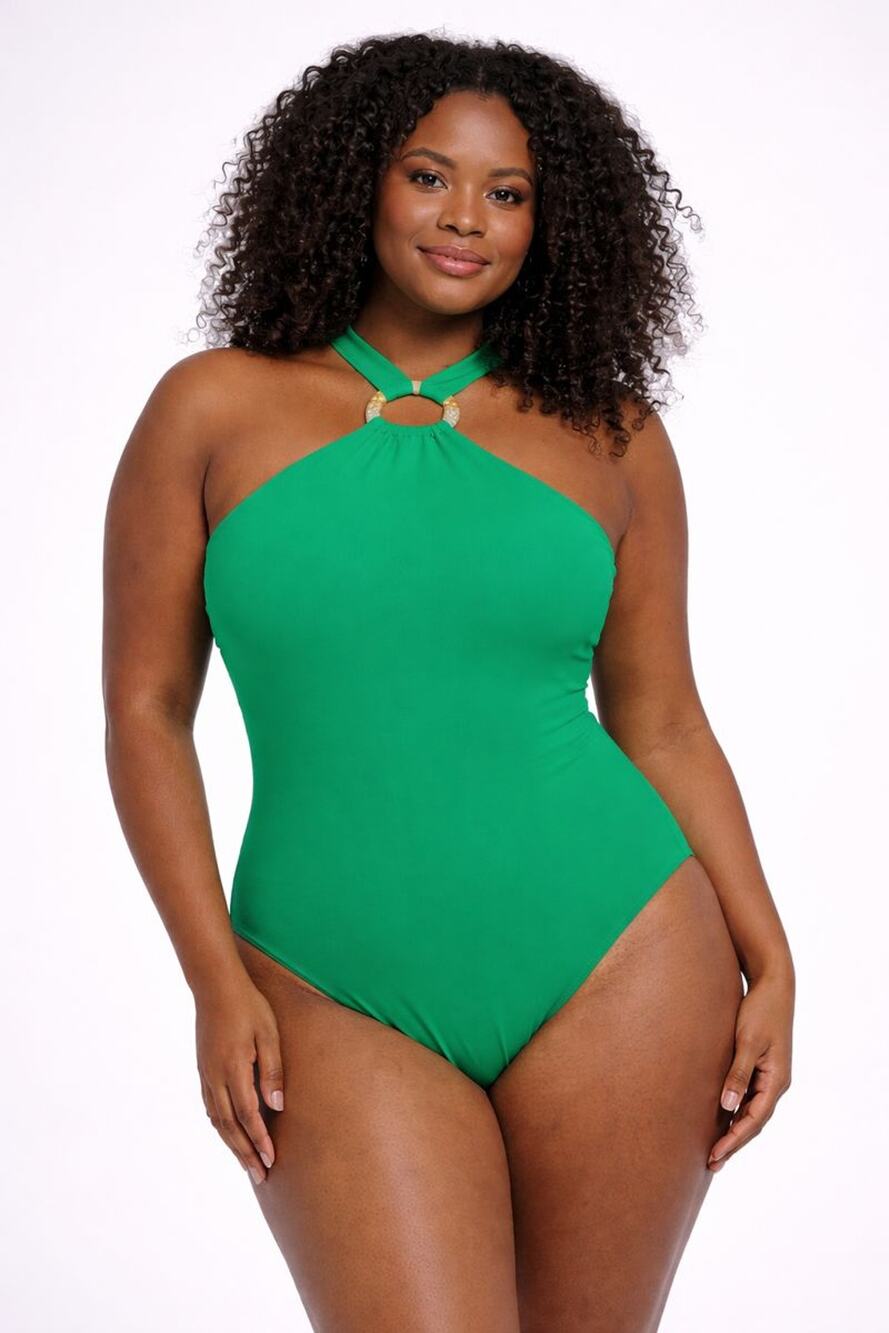 Becca by Rebecca Virtue Baja Mar High Neck One Piece Swimsuit Verde Size - S